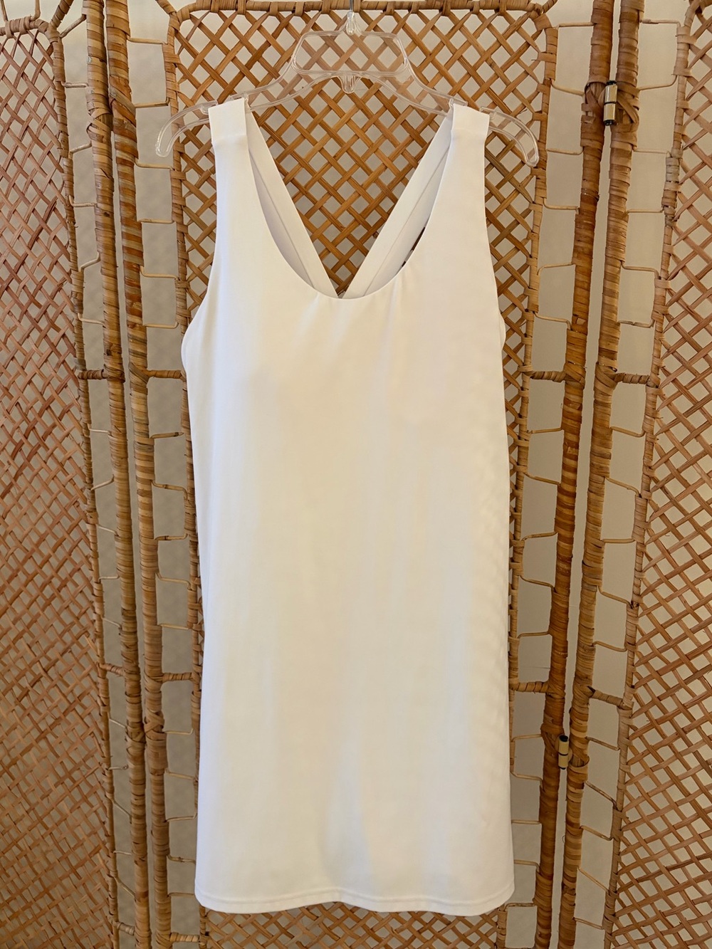 FLX Women’s White Cross-Back Athletic Dress (built-in shorts and bra)